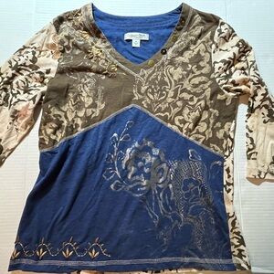 Coldwater Creek Blue and Brown V-Neck Top